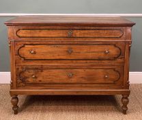 19TH C. PROVINCIAL ITALIAN WALNUT COMMODE, fitted three drawers with ebonised detail to drawer