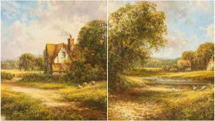 JASON THRELFALL (British b. 1916) oil on canvas, a pair - romantic landscapes with cottages and