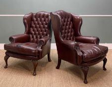 PAIR GEORGIAN STYLE LEATHER WINGBACK ARMCHAIRS, dark-brown button-back upholstery (2) Provenance: