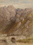 JOHN KEELEY (British 1849-1930) watercolour - bridge to Llanberis path with figures, 36 x 26cms