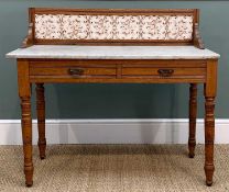 EDWARDIAN SATIN BIRCH WASHSTAND, with raised tiled back, marble top, two frieze drawers, turned