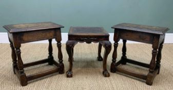 THREE ANTIQUE STOOLS, comprising two 17th C style joined oak stools (aka 'coffin' stools), and a
