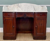 VICTORIAN MAHOGANY MARBLE TOP WASHSTAND, grey-veined marble top with high gallery, twin pedestal