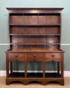 ANTIQUE WELSH OAK POT BOARD DRESSER, South Wales, boarded back with three pegged shelves, three