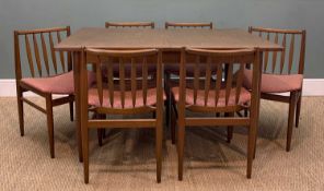 MID-CENTURY TEAK EXTENDING DINING TABLE & CHAIRS, table with extra leaf, 186cms, together with six