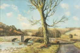‡ TONY WOODING (British b.1969) oil on canvas - landscape with bridge and river, signed, 49 x
