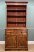 19TH C. FLAME MAHOGANY SECRETAIRE BOOKCASE, moulded cornice with decorative flame mahogany frieze