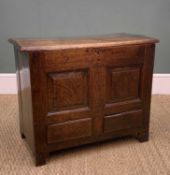 18TH CENTURY WELSH COFFOR BACH, hinged moulded top above twin panelled and fielded front, two frieze