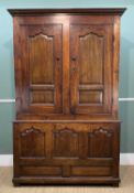 18TH C. WELSH JOINED OAK & ELM CUPBOARD, upper section with two rows of wooden pegs/hangers, later