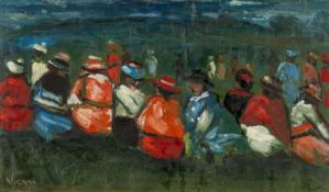 ‡ ANDREW VICARI (Welsh b.1932) oil on board - seated ladies in hats, signed, 32 x 54cms