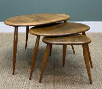 MID-CENTURY ERCOL 354 'PEBBLE' WINDSOR NEST OF TABLES, beech and elm, Golden Dawn finish, largest 40