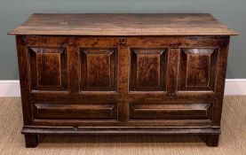 LATE 17TH CENTURY JOINED OAK COFFER, hinged two-plank top above fielded panelled front and side,