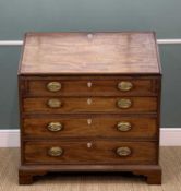 18TH. C MAHOGANY BUREAU, drop-flap front with baize inset writing surface, fitted interior, four