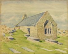 EMRYS JONES (Welsh active 1930s) watercolour - title lower right 'Llandanwg Church', signed, circa