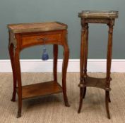 TWO FRENCH REPRODUCTION OCCASIONAL TABLES, one with seaweed marquetry inlaid top, pierced brass