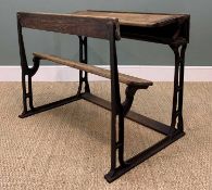 VINTAGE STAINED DEAL & CAST IRON SCHOOL BENCH, for two students, angled writing surface, ink pot