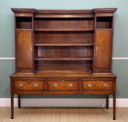 GEORGE III OAK & MAHOGANY CROSSBANDED DRESSER, probably Shropshire, dentil cornice, boarded plate