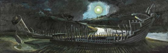 PHILIP MUIRDEN (Welsh 1932 - 2023) oil on canvas - entitled verso 'Wreck', signed, 29 x 90cms