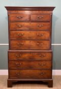 EARLY 19TH C. MAHOGANY CHEST ON CHEST, dentil cornice above burr wood frieze, two short over three