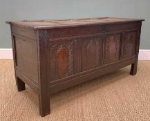EARLY 18TH C. JOINED OAK COFFER, four panelled front carved with lunette ornament, 140 (w) x 56 (