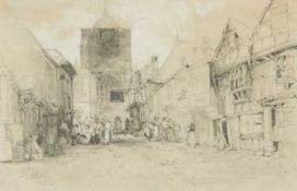 CIRCLE OF DAVID ROBERTS (Scottish 1796-1864), pencil and bodycolour - 'At Rye', busy street scene,