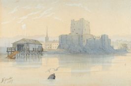 ELLEN GRACE PARKER (British fl. 1875-1893) watercolour - 'Coastal Castle in Wales with boys