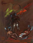 ‡ ANDREW VICARI (Welsh 1932-2016) oil on canvas - entitled verso 'Avant la Ceremonie', signed and