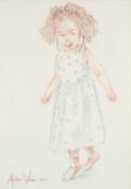 ‡ ANDREW VICARI (Welsh b.1932) pastel on paper - girl in a blue polka dot dress, fully signed, 53