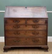 GEORGE III MAHOGANY BUREAU, angled fall, inset green, tooled writing surface, fitted interior,
