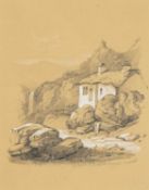 JOSEPH HORLOR (1809-1887) pencil and body colour on brown card - titled verso 'Vale of Llugwy, North