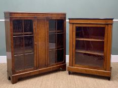 TWO VINTAGE DISPLAY CABINETS, boxwood strung walnut pier cabinet, ebonised moulding, single glazed
