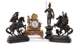 FRENCH SPELTER CLOCK & FIGURES comprising pair equestrian Roman soldiers, 30cms (h), standing figure
