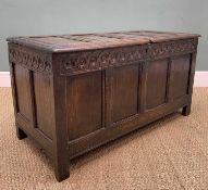 LATE 17TH CENTURY JOINED OAK COFFER, four panelled top and front with Vitruvian scroll ornament