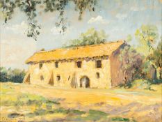 HEATHER CRAIGMILE (British, b. 1925) oil on board - Tuscan barn bathed in the light of sunset,