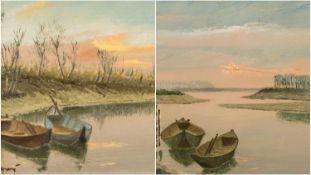 ITALIAN SCHOOL oil on board - fishing punts at dawn, indistinctly signed, 19 x 29cms, together