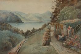 ELLIOT ETTWELL, watercolour - lake scene with girls relaxing by a path, signed and dated '36, 23 x