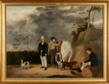 FOLLOWER OF JOHN SAMUEL RAVEN oil on canvas - Sportsman with Gillie, Pony and Spaniels, 55 x 73cms