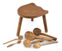 GROUP OF WELSH TREEN SPOONS & MILKING STOOL, including four cawl ladles, small love-spoon with caged