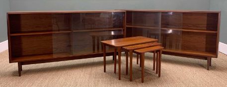 PAIR MID-CENTURY TEAK BOOKCASES with sliding glass doors, 78 (h) x 152.5 (w) x 27cms (d), together