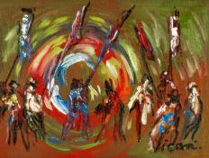 ‡ ANDREW VICARI (Welsh b.1932) oil on canvas - entitled verso, 'The Vigil', signed, dated verso