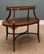 LATE 19TH C SATINWOOD OVAL TWO-TIER ETAGERE with removable glass based tray, harebell inlaid bowed