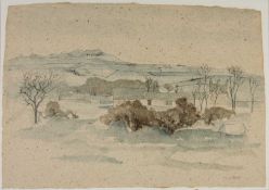 ‡ IOLA SPAFFORD (b. 1960) pen, ink & watercolour, Anglesey farm, signed in ink, 40 x 56cms