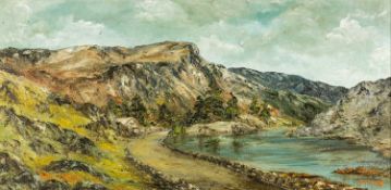 ‡ GWYNETH ap TOMOS (Welsh 1937-2016) oil on canvas - mountainous landscape with footpath and flowing