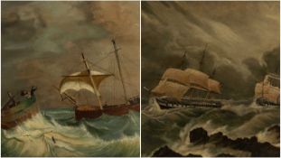 CIRCA 1900 BRITISH NAIVE MARINE SCHOOL oil on board, pair - Tall Ships in Stormy Seas, Fishing Boats