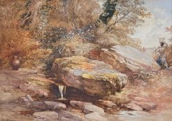THOMAS LINDSAY (British 19th Century) watercolour - female figure carrying water by a brook with