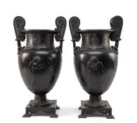 PAIR PATINATED SPELTER KRATER VASES, after the antique and in the style of the Sosibios Krater vase,