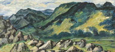 ‡ MARY EDWARDS (20th Century) oil on board - entitled verso 'Panorama from Moel Siabod', signed with