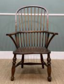 ANTIQUE WINDSOR ARMCHAIR, high hoop back, out-swept arms and turned legs joined by H-stretcher,