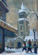 ‡ MAURICE FIEVET (French, 1915-1997) oil on canvas - Artists Outside Les Deux Magots in Winter,