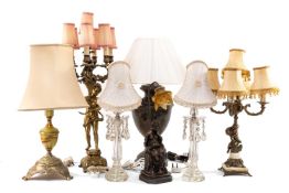 EIGHT ASSORTED TABLE LAMPS including pair cut glass lustre lamps with pleated shades, gilt metal